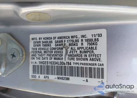 2004 Honda Civic Vp from USA, damaged, VIN 1HGES16334L008784